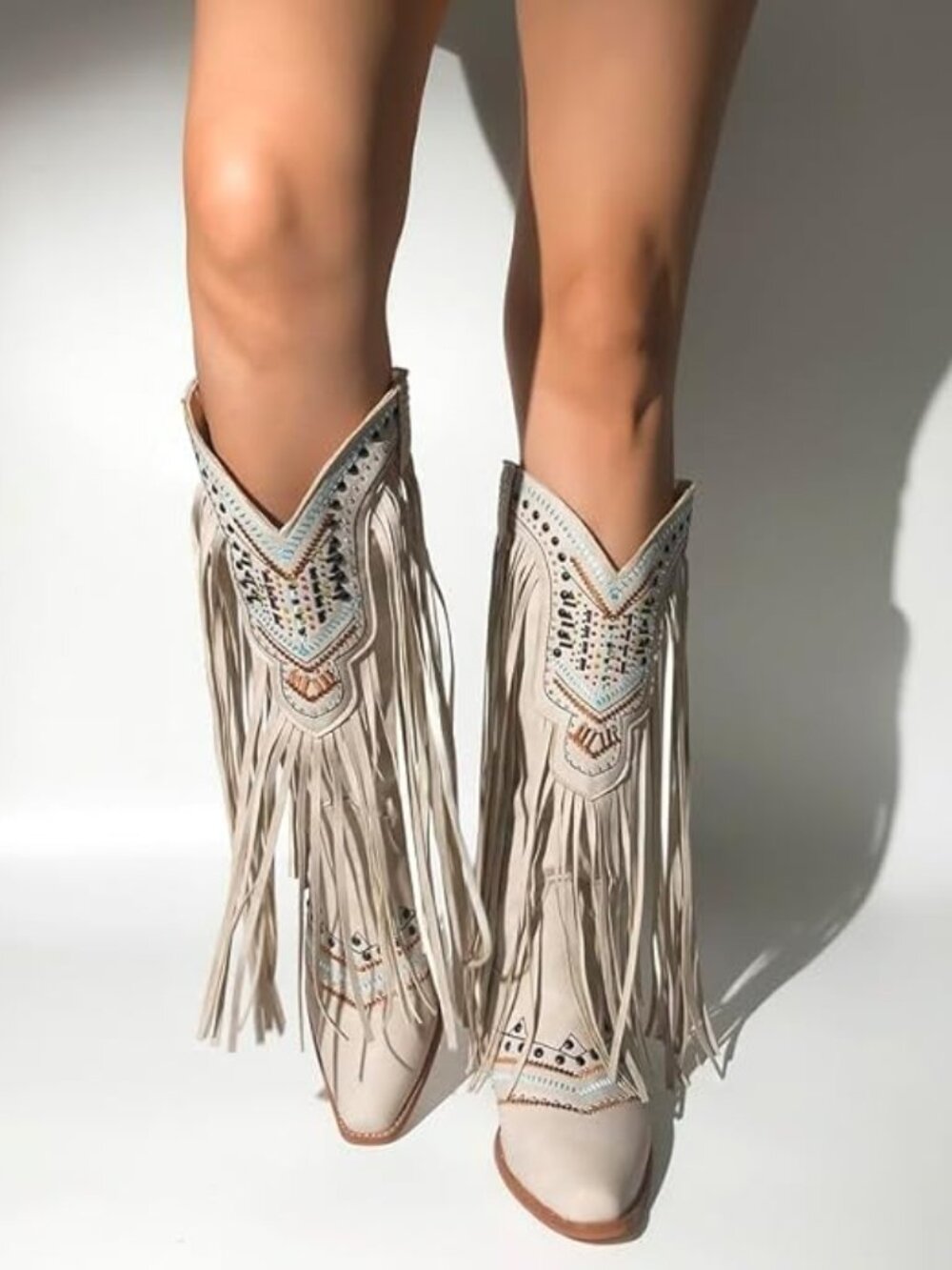 Cowgirl Boots Fringed Tassel Block Heels